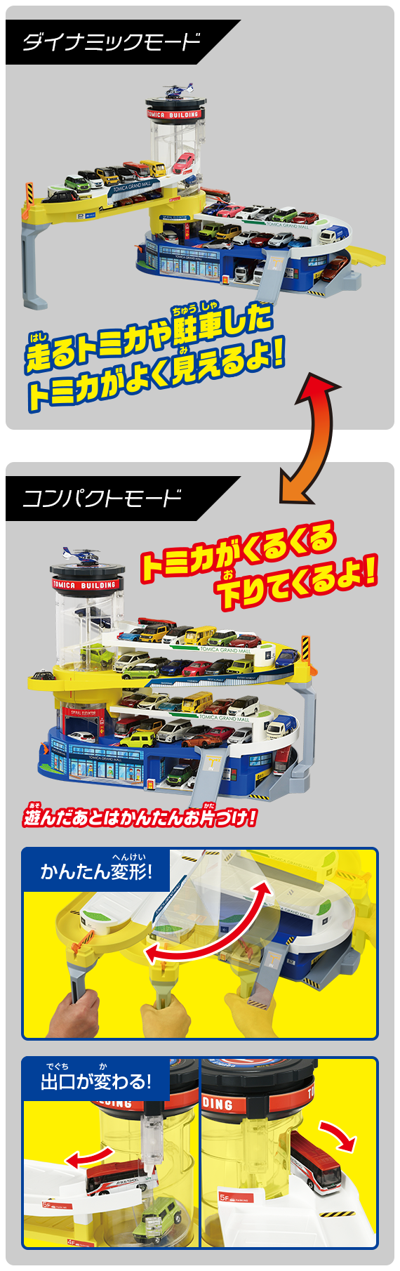 ダイナミックモード：走るトミカや駐車したトミカがよく見えるよ！　コンパクトモード：トミカがくるくる下りてくるよ！